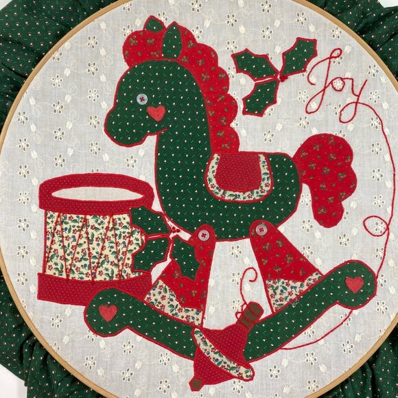 Handmade Christmas Rocking Horse Joy Drum Ruffled Edge Wall Art Embroidery Hoop - Picture 2 of 12